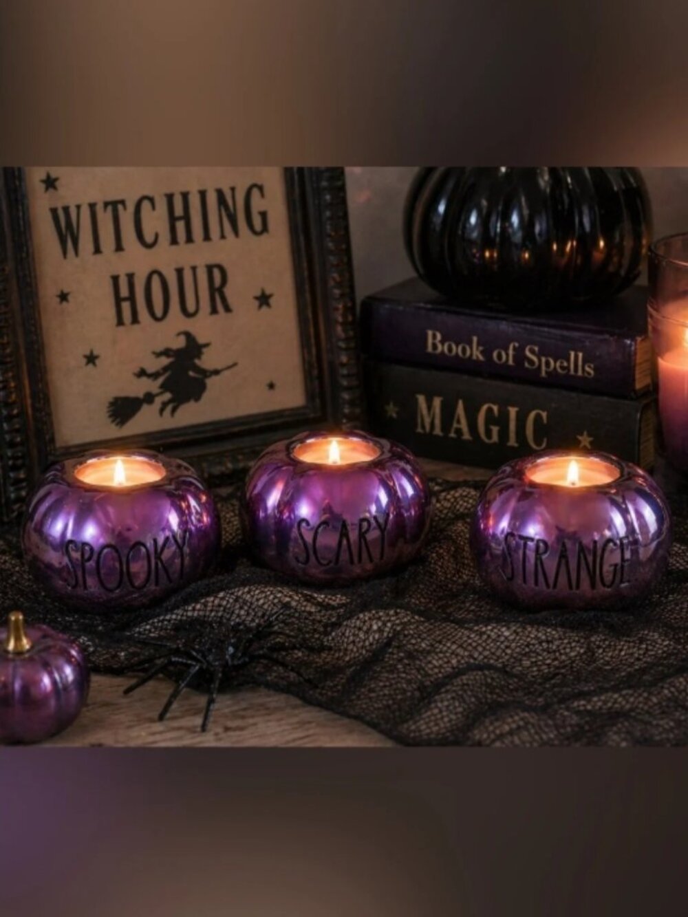 NWT Rae Dunn Purple Pumpkin Luster Tea Light Holders 3-Pack Spooky Scary Strange